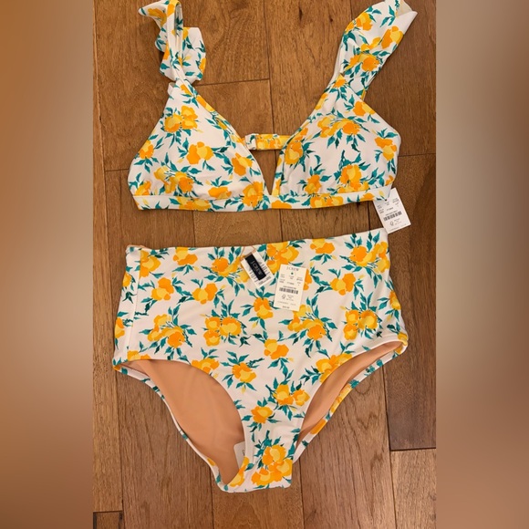 J. Crew Factory White Bold Saffron Matching Swim Set Top, Bottom, Sarong L & XL - Picture 5 of 11